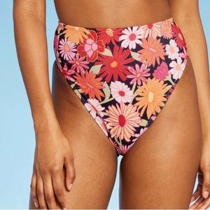 Wild Fable Ribbed High Waist HighLeg‎ Cheeky Bikini Bottoms Black Floral